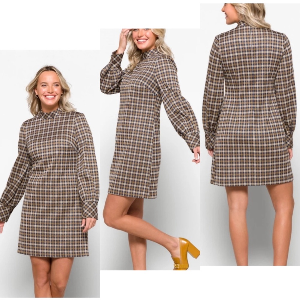 NEW Calvin Klein Brown Metallic Plaid Mock Neck Sheath Dress size 12